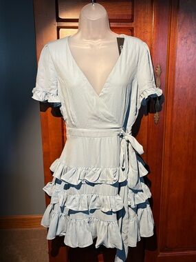 Lulu's Sky Blue Ruffle Wrap Mini Dress NWT